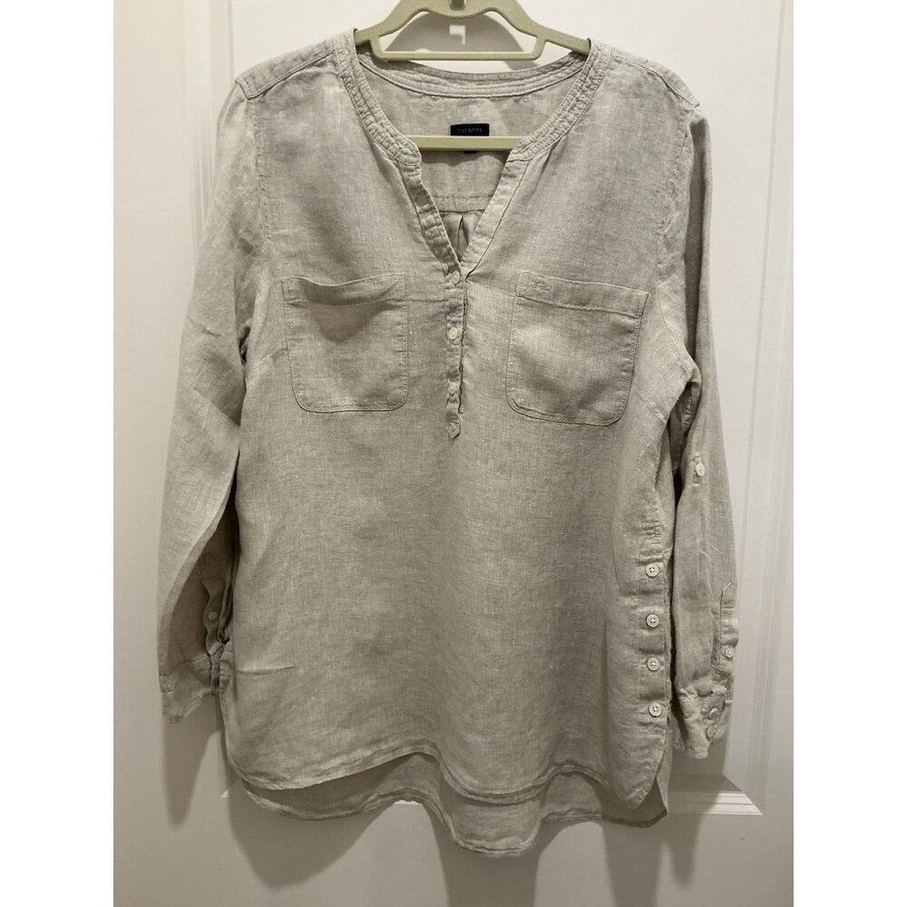 Talbots 100% Linen Pullover Blouse XL Beige Buttons On Split Neck Pockets